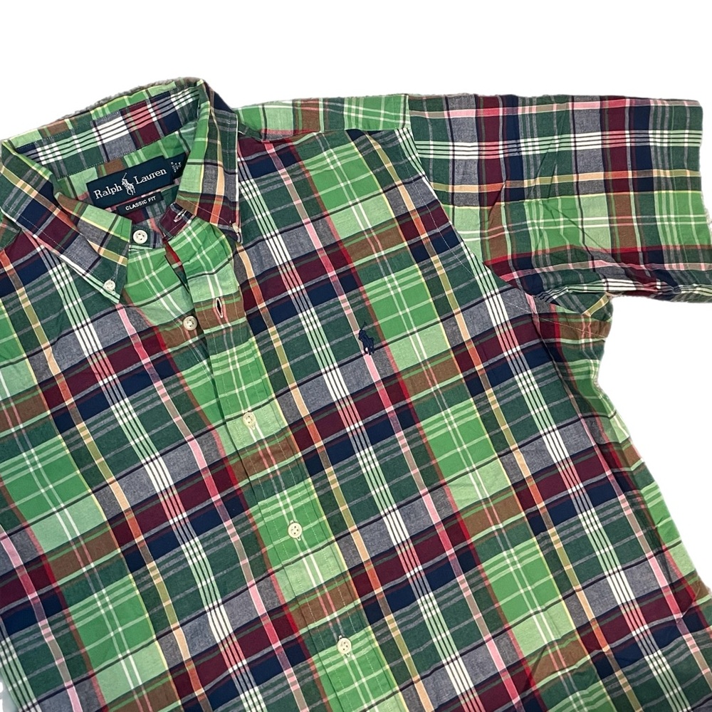 Ralph Lauren Polo CUSTOM FIT Multi Colored Madras Plaid Oxford S/S Green Shirt L